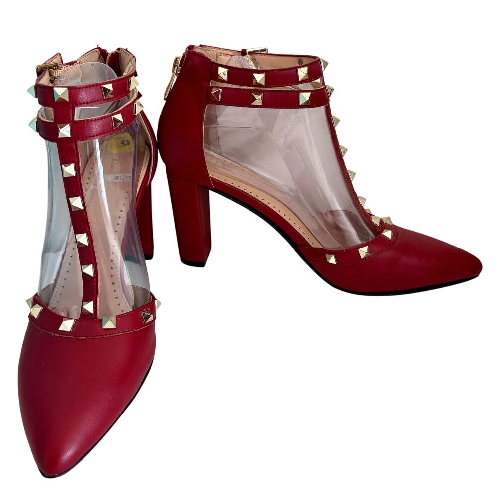 Adrienne Vittadini Red Studded T-Strap Block Heels Back Zip